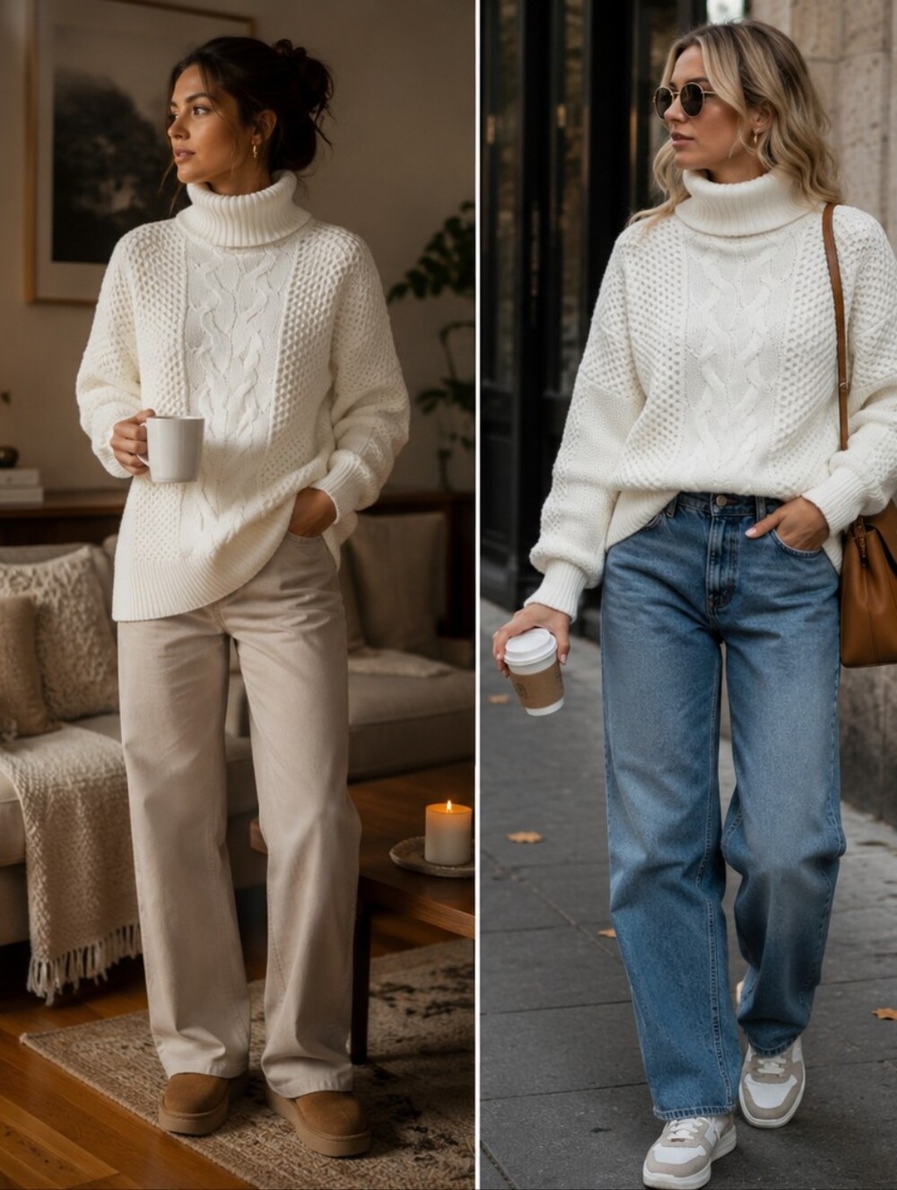 White House Black Market Cream Cable Knit Turtleneck Sweater
